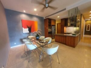 Luxury serviced residence for sale at Binjai Residency, KLCC. 2,098 sq.ft., 3+1 bedrooms, 4 bathrooms, 2 car parks. Fully furnished with modern essentials. Facilities include swimming pool, sauna, gym, tennis courts, clubhouse, and 24-hour security. RM 2.1 million.