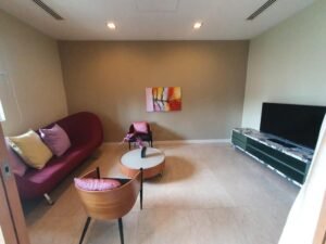 Luxury serviced residence for sale at Binjai Residency, KLCC. 2,098 sq.ft., 3+1 bedrooms, 4 bathrooms, 2 car parks. Fully furnished with modern essentials. Facilities include swimming pool, sauna, gym, tennis courts, clubhouse, and 24-hour security. RM 2.1 million.
