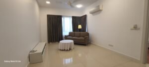 Modern fully furnished one-bedroom condominium in Mutiara Damansara featuring spacious living area, private balcony, and access to swimming pool and tennis courts near popular shopping destinations