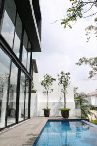 Stunning modern boutique bungalow in Damansara Heights showcasing 9,551 sq.ft. of luxury living with VOLAKAS Greek marble, BULTHAUP German kitchen, private swimming pool, and premium European finishes throughout